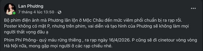 Lan Phương chia sẻ trên trang cá nhân về dự án Phí Phông cô tham gia. - Ảnh chụp màn hình FBNV