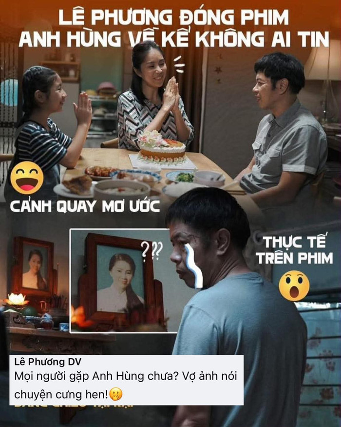 Lê Phương hài hước chia sẻ hình ảnh so sánh giữa 'cảnh quay mơ ước' và 'thực tế nghiệt ngã' của nữ diễn viên trong Anh Hùng. Ảnh: DPCC
