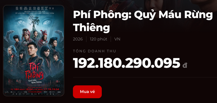 Doanh thu hơn 192 tỷ của dự án điện ảnh Phí Phông: Quỷ Máu Rừng Thiêng. Nguồn: Box Office