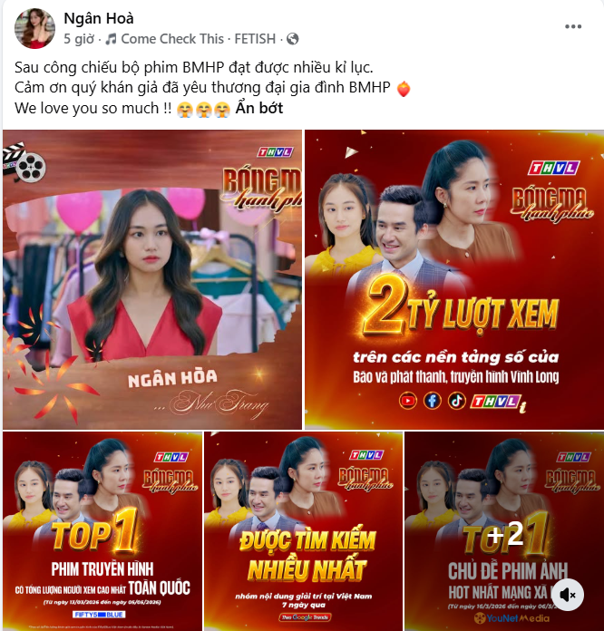 Ngân Hòa gây chú ý khi chia sẻ loạt thành tích của Bóng ma hạnh phúc sau tập cuối.