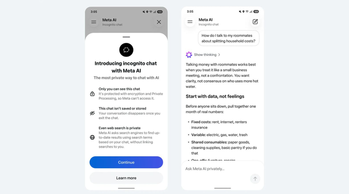 Ứng dụng Meta AI và Meta AI trên WhatsApp vừa bổ sung tùy chọn “incognito chat” (trò chuyện ẩn danh) mới.