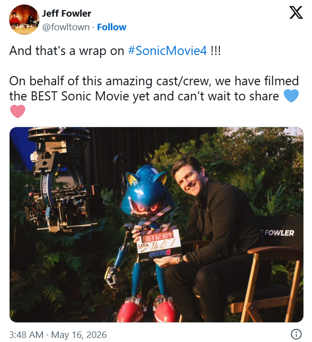Đạo diễn Jeff Fowler xác nhận Sonic the Hedgehog 4 đã hoàn tất ghi hình sau nhiều tháng giữ kín thông tin sản xuất. (Nguồn: X)