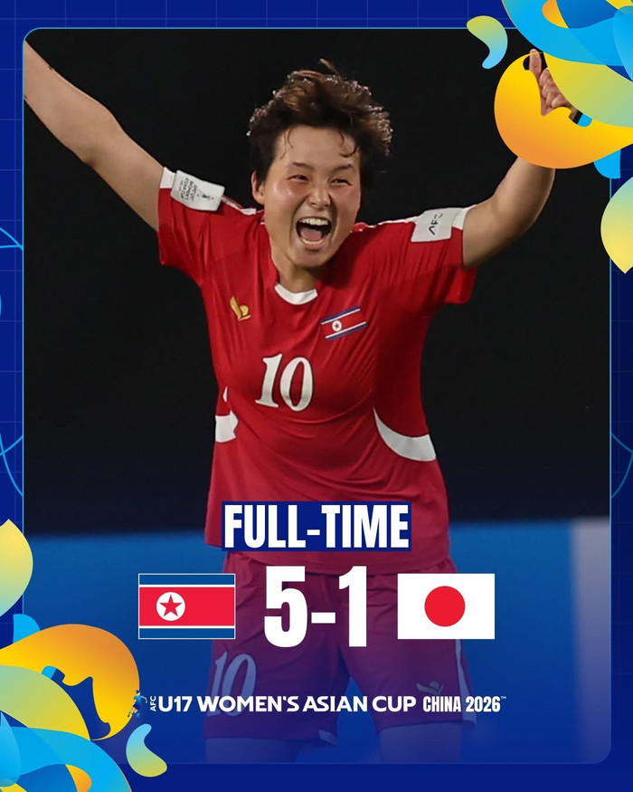 U17 Triều Tiên cho thấy sức mạnh tuyệt đối đánh bại U17 Nhật Bản với tỷ số 5-1 ở chung kết giải U17 nữ châu Á 2026. Ảnh: AFC