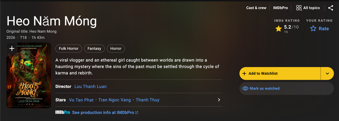 Xếp cuối bảng điểm IMDb là Heo Năm Móng với 5.2 điểm.&nbsp;