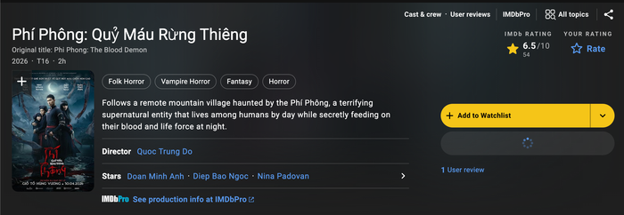 Đứng thứ ba là Phí Phông: Quỷ Máu Rừng Thiêng với 6.5 điểm IMDb.