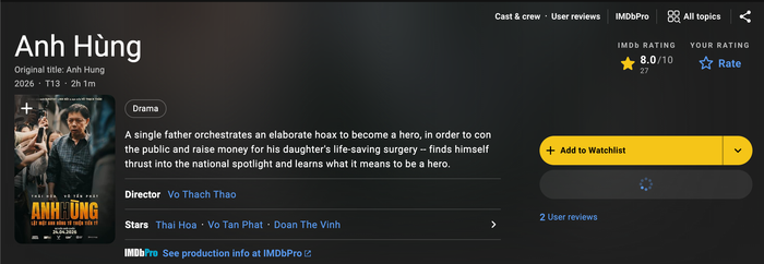 Dẫn đầu bảng điểm IMDb mùa lễ 30/4 năm nay là Anh Hùng với 8.0 điểm.