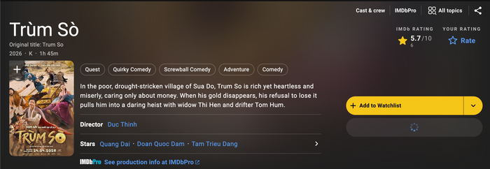 Ở vị trí tiếp theo là Trùm Sò với 5.7 điểm IMDb và doanh thu khoảng 17 tỷ đồng.