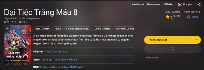 Xếp thứ hai là Đại Tiệc Trăng Máu 8 với 7.6 điểm IMDb cùng doanh thu khoảng 32 tỷ đồng.