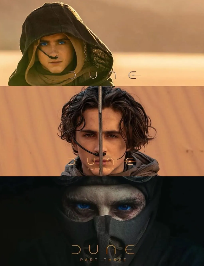 Sự thay đổi diện mạo của Paul Atreides (Timothée Chalamet) từ một thiếu niên ngây thơ đến vị Hoàng đế đầy quyền uy qua bộ ba phim Dune.