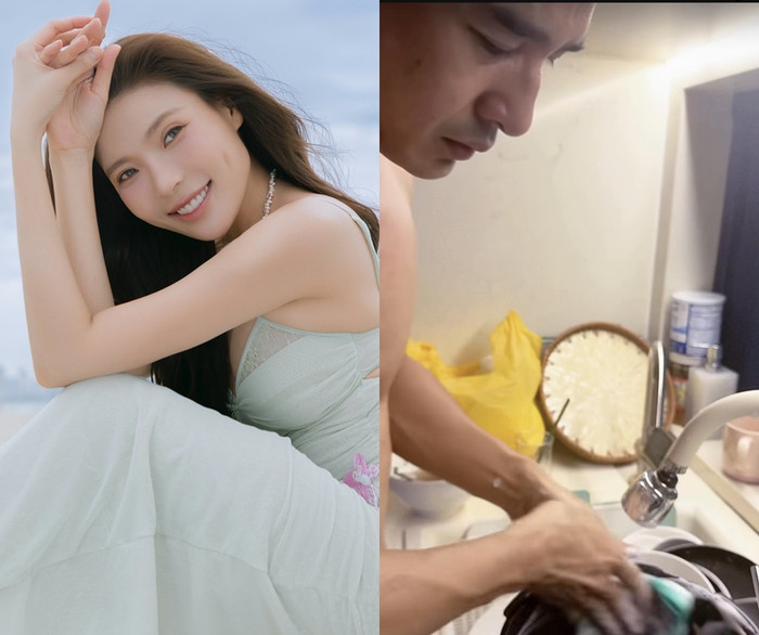 Thúy Diễm chia sẻ khoảnh khắc Lương Thế Thành rửa bát giúp vợ.