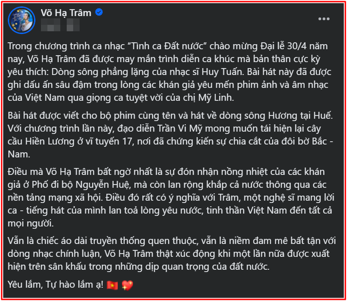 Nguyên văn chia sẻ trên trang cá nhân của Võ Hạ Trâm.&nbsp;