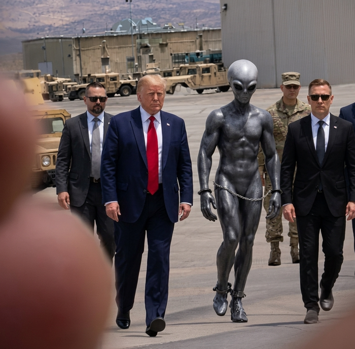 Tổng thống Trump bất ngờ đăng tải một bức ảnh đã qua chỉnh sửa, cho thấy ông đang hộ tống một người ngoài hành tinh tại một căn cứ quân sự. Nguồn: Donald Trump / Truth Social.