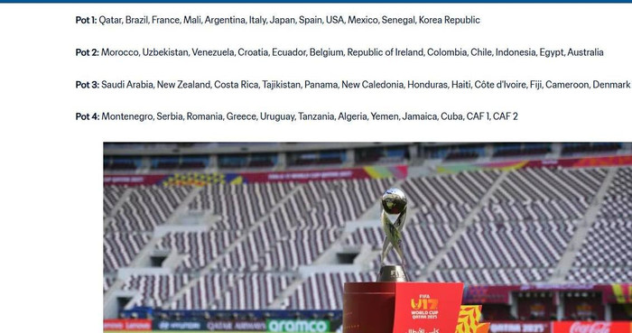 Một sự cố hy hữu vừa xảy ra trước thềm U17 World Cup 2026 khi FIFA công bố danh sách phân nhóm hạt giống nhưng lại không có tên U17 Việt Nam. Ảnh chụp màn hình
