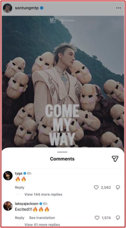 Tyga trước đó cũng đã tương tác vào bài đăng của Sơn Tùng, nhưng ít người suy đoán về màn hợp tác giữa cả hai.&nbsp;