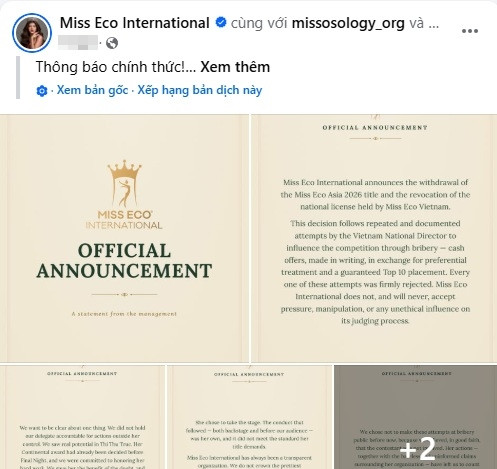 Fanpage chính thức của cuộc thi Miss Eco International đăng tải thông tin về việc thu hồi danh hiệu của người đẹp đến từ Việt Nam sau chung kết.