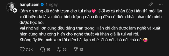 Nữ diễn viên khẳng định chỉ cần còn được làm nghề và cống hiến cho khán giả là cô đã cảm thấy hạnh phúc.