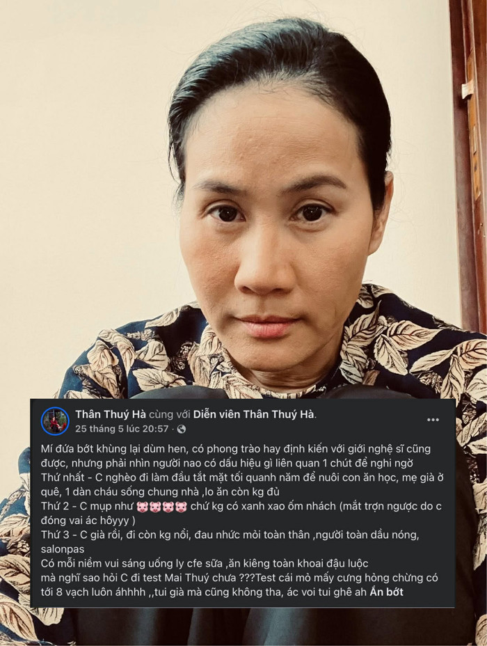 Diễn viên Thân Thuý Hà thẳng thắn phản hồi khi bị yêu cầu xét nghiệm ma túy. Ảnh: Chụp màn hình FBNV