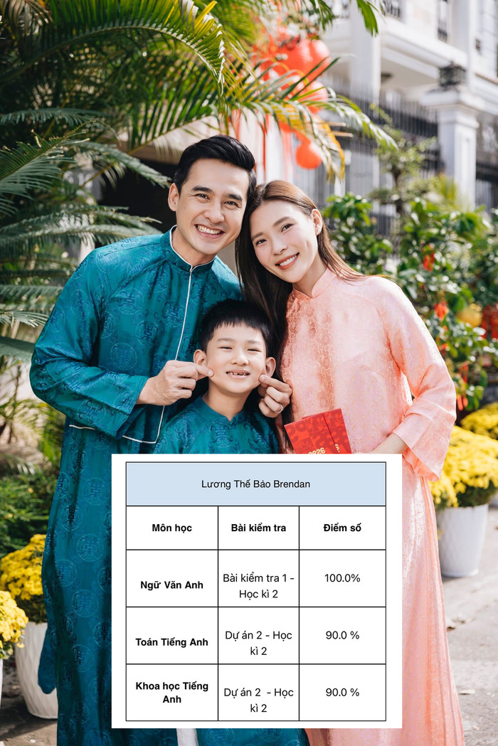 Lương Thế Thành và Thúy Diễm hạnh phúc chia sẻ kết quả học tập đầy ấn tượng của con trai.