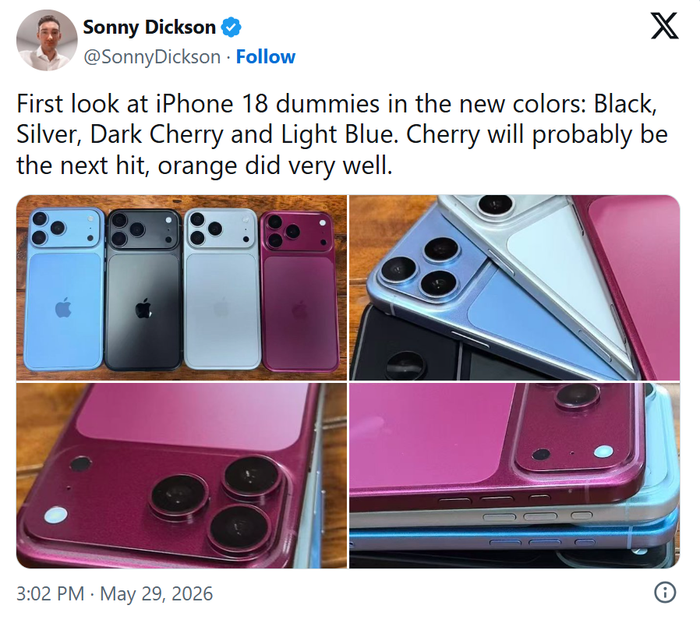 Leaker Sonny Dickson đã chia sẻ hình ảnh các mô hình giả (dummy model) của iPhone 18 Pro.&nbsp;