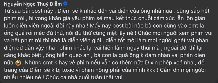Thúy Diễm lên tiếng bảo vệ Lương Thế Thành trước làn sóng chỉ trích của khán giả. Ảnh chụp màn hình FBNV