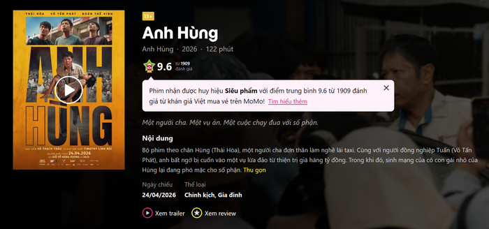 Anh Hùng đạt điểm trung bình 9,6 cùng huy hiệu “Siêu phẩm” trên nền tảng MoMo.&nbsp;