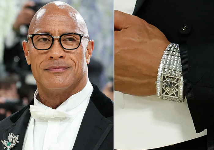 Theo GQ, Dwayne Johnson đã chọn chiếc đồng hồ đắt giá nhất từng xuất hiện tại Met Gala - Jacob & Co. “Billionaire III” trị giá 3,3 triệu USD. Không dừng lại ở đó, anh còn đeo thêm trâm cài áo của Manish Malhotra High Jewelry đính kim cương và ngọc lục bảo. Ảnh: Getty
