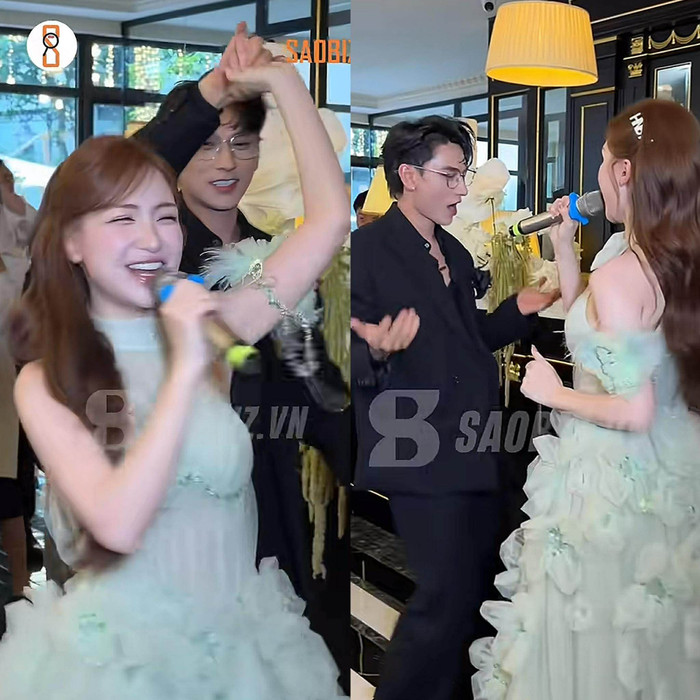 Hòa Minzy và Issac tương tác vui vẻ, ăn ý cùng nhau. (Ảnh chụp màn hình từ TikTok 8saobiz.vn)