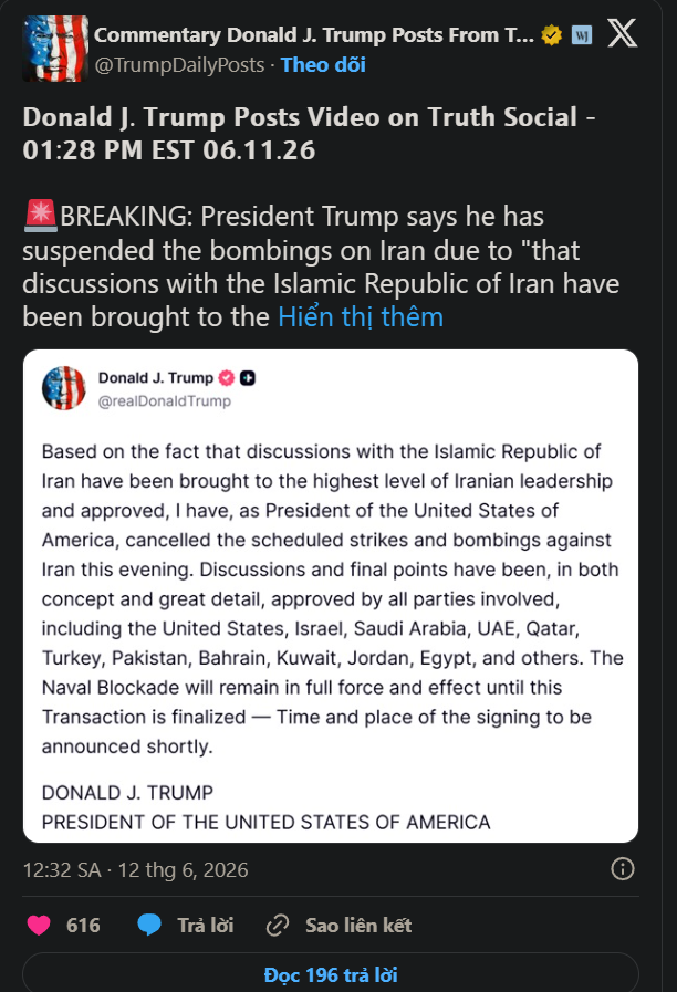 Ông Trump hủy kế hoạch tấn công Iran, thỏa thuận hòa bình lịch sử sắp thành hình Ảnh 1