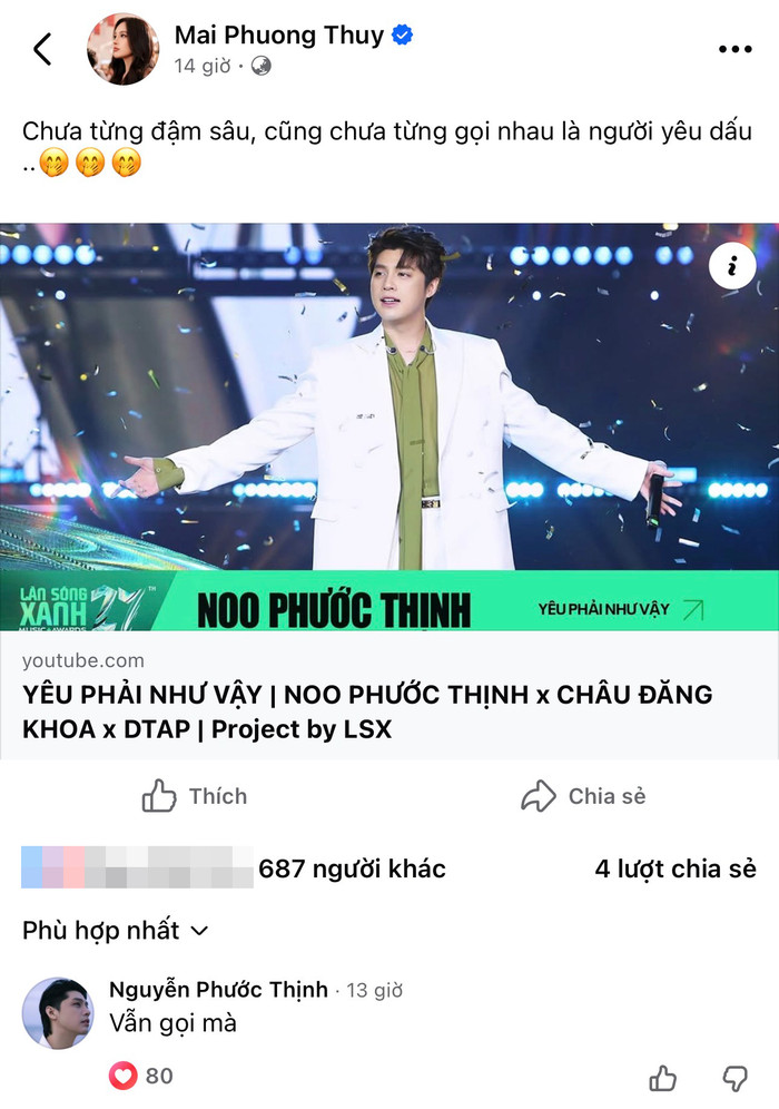 Mai Phương Thúy và Noo Phước Thịnh có màn tương tác gây chú ý trên mạng xã hội.
