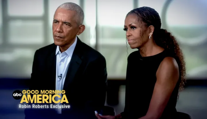 Michelle Obama thu hút sự chú ý với phong cách thời trang thanh lịch trong lần xuất hiện hiếm hoi cùng chồng là cựu Tổng thống Mỹ Barack Obama trên truyền hình. Ảnh: ABC