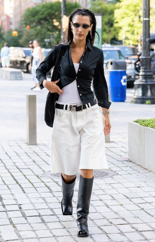Siêu mẫu Bella Hadid đã mang đến một trong những cách phối quần short denim dài nổi bật nhất mùa hè. Ảnh: Getty Images