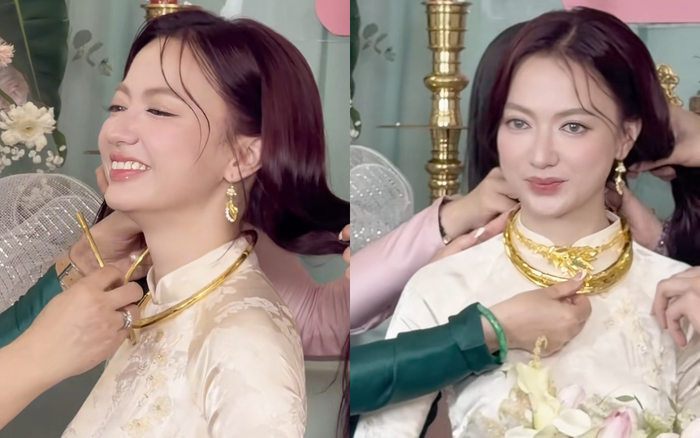 Xuân Nghi cười tươi rói khi nhận được vàng trong ngày trọng đại. Ảnh chụp màn hình