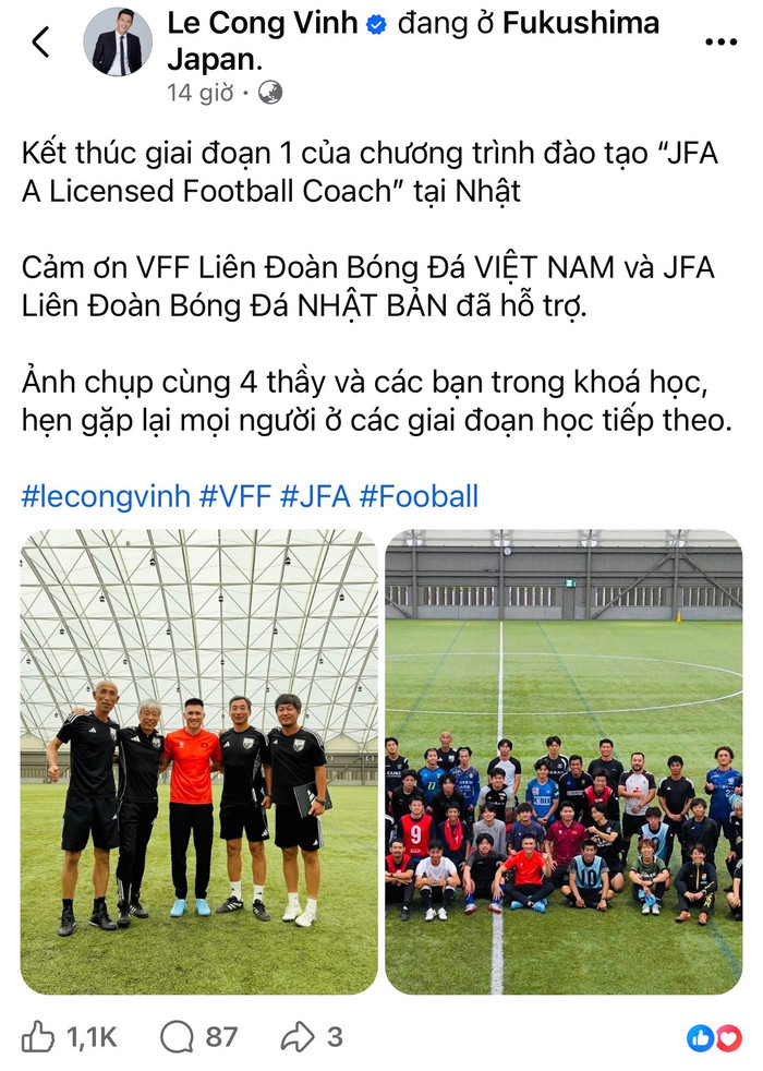 Lê Công Vinh hoàn thành giai đoạn đầu khóa HLV bằng A tại Nhật Bản, tiếp tục hành trình chinh phục nghiệp cầm quân. Ảnh chụp màn hình