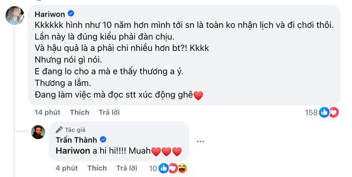 Phản ứng của Hari Won bên dưới bài đăng của Trấn Thành (Ảnh: Chụp màn hình).