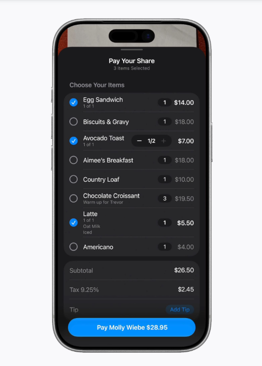 Tính năng chia hóa đơn Apple Cash (Apple Cash Bill Splitting). Ảnh: Macrumors