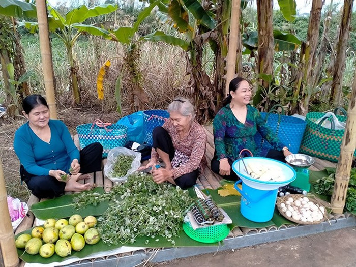 Người dân bày bán những mặt hàng có sẵn trong vườn nhà. Ảnh: Cổng TTĐT tỉnh Đồng Tháp