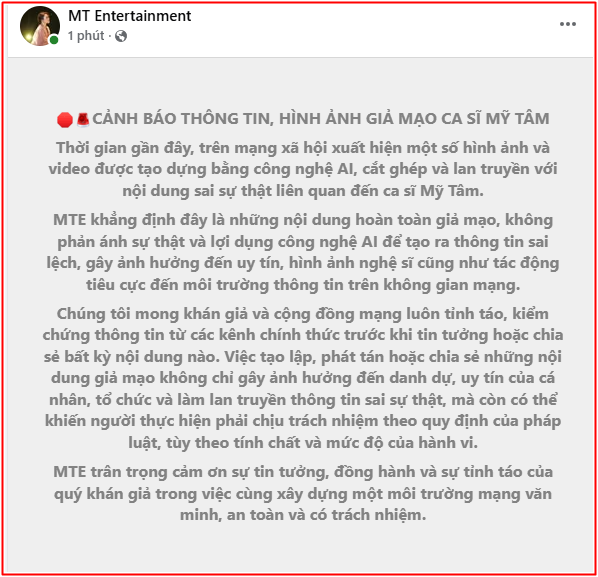 Phía Mỹ Tâm đưa ra cảnh báo khẩn Ảnh 1