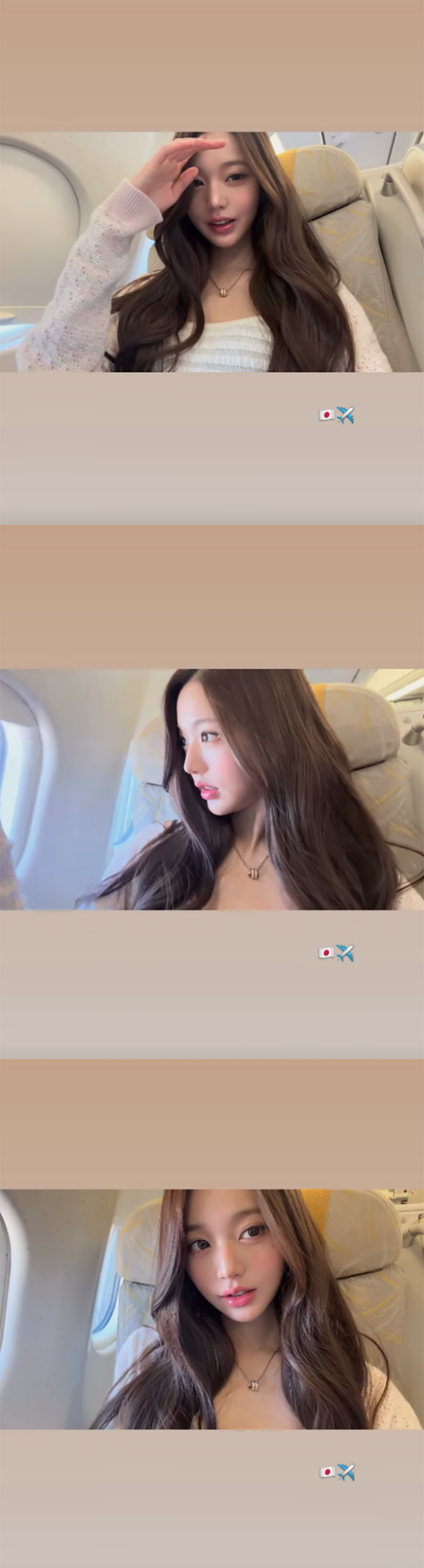Jang Won Young chia sẻ loạt hình ảnh và video ghi lại khoảnh khắc đời thường trên chuyến bay sang Nhật Bản.