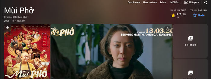 Dù chỉ đạt doanh thu hơn 40 tỷ đồng, thế nhưng Mùi Phở của NSƯT Xuân Hinh lại được đánh giá cao trên trang quốc tế IMDb (Ảnh: Chụp màn hình).&nbsp;