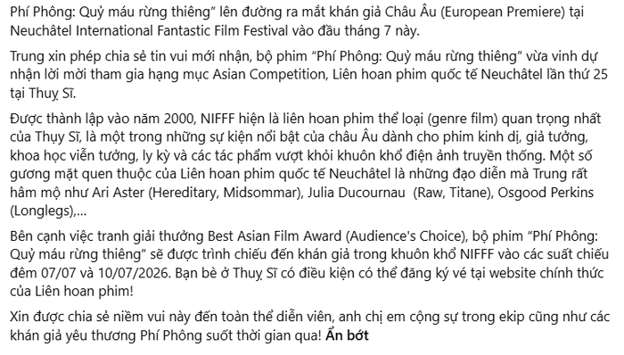 Sau thành công hơn 200 tỷ đồng tại phòng vé Việt, bộ phim chính thức có cơ hội ra mắt khán giả châu Âu trong khuôn khổ liên hoan phim.