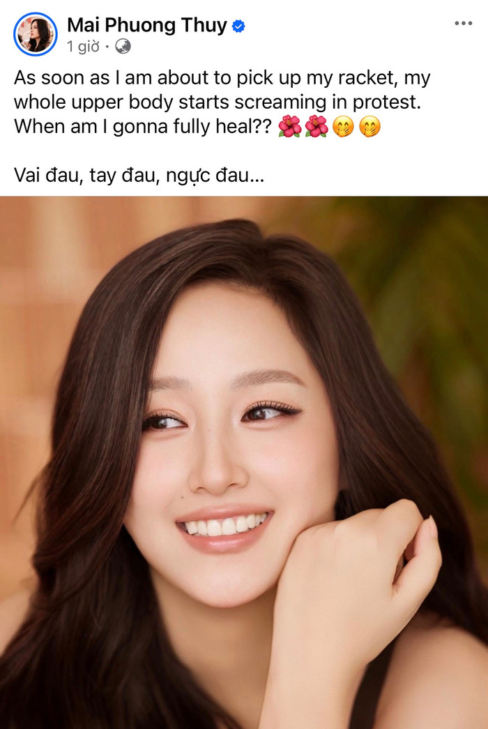Hoa hậu Mai Phương Thúy khiến nhiều người hâm mộ không khỏi lo lắng khi chia sẻ tình trạng chấn thương kéo dài, ảnh hưởng đến việc tập luyện môn thể thao. Ảnh: FBNV