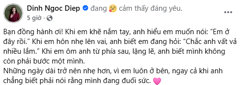 Đinh Ngọc Diệp gửi chia sẻ đến người bạn đời Victor Vũ đầy ngọt ngào.Ảnh: FBNV