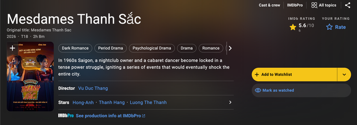 Theo ghi nhận trên IMDb, phim Lương Thế Thành chỉ nhận được 5,6/10 điểm (Ảnh: Chụp màn hình).