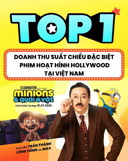 Minions & Quái Vật có sự tham gia lồng tiếng của Trấn Thành hiện dẫn đầu doanh thu suất chiếu đặc biệt dành cho phim hoạt hình Hollywood tại Việt Nam.&nbsp;