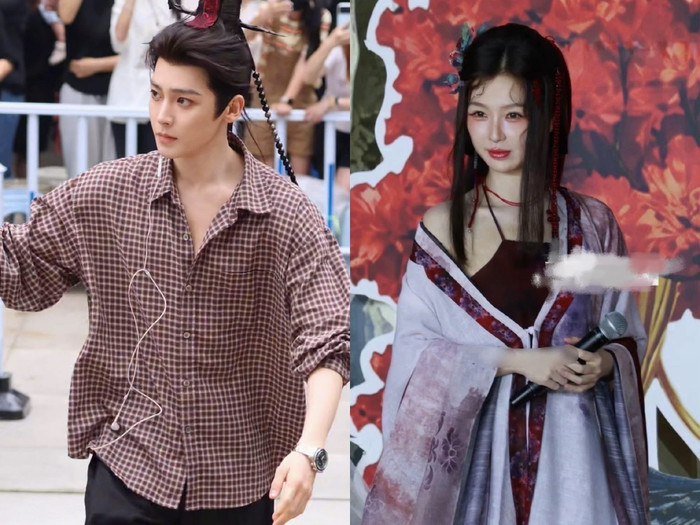 Tạo hình của Ngu Thư Hân và Hầu Minh Hạo trong buổi lễ khai máy phim. Ảnh: Weibo