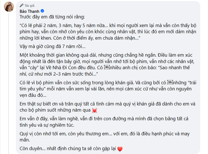 Bảo Thanh xúc động khi các nhân vật của bộ phim vẫn nhận được tình cảm bền bỉ từ người xem.
