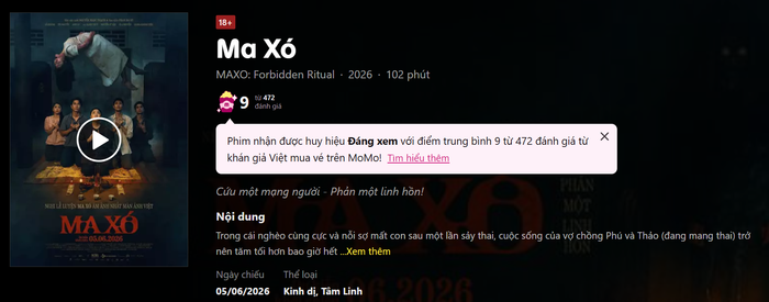 Ma Xó được gắn huy hiệu “Đáng xem” với điểm trung bình 9.2/10&nbsp;trên Momo.&nbsp;