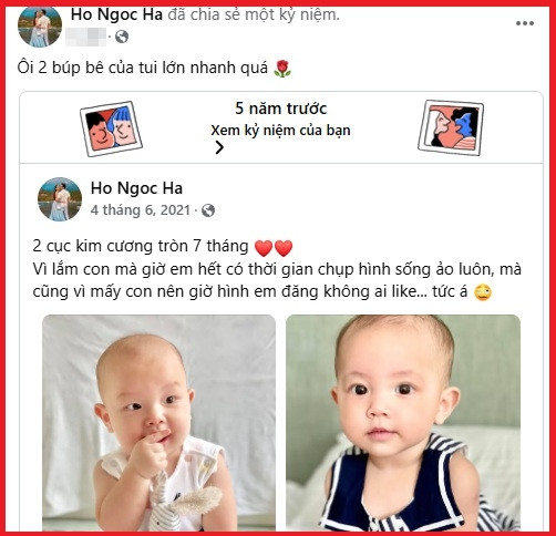 Hồ Ngọc Hà bất ngờ khi xem lại ảnh cách đây 5 năm của hai con song sinh.