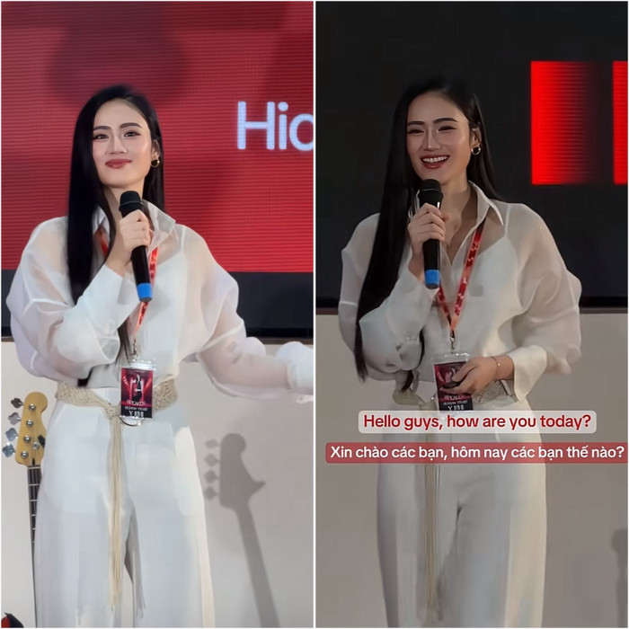 Hoa hậu Ý Nhi với phong thái tự tin khi diễn giả trước đám đông. Ảnh: FBNV