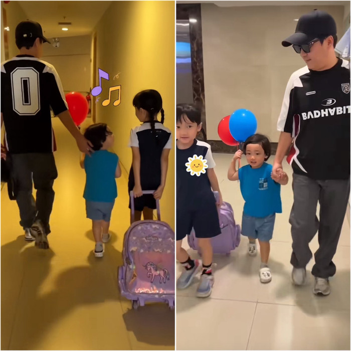 Mới đây, Trường Giang thu hút sự chú ý khi chia sẻ loạt khoảnh khắc đời thường bên hai con nhỏ. Nam nghệ sĩ tự tay đưa các bé đi học và chăm sóc con trong lúc bà xã Nhã Phương đi vắng. Ảnh: FBNV